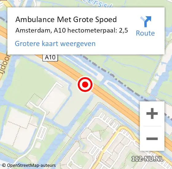 Locatie op kaart van de 112 melding: Ambulance Met Grote Spoed Naar Amsterdam, A10 hectometerpaal: 2,5 op 24 juni 2022 10:21