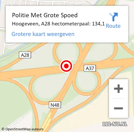 Locatie op kaart van de 112 melding: Politie Met Grote Spoed Naar Hoogeveen, A28 hectometerpaal: 134,1 op 24 juni 2022 10:59