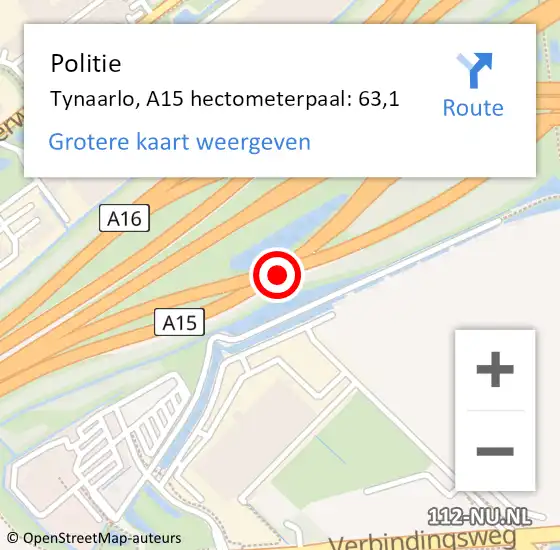 Locatie op kaart van de 112 melding: Politie Tynaarlo, A15 hectometerpaal: 63,1 op 24 juni 2022 12:01