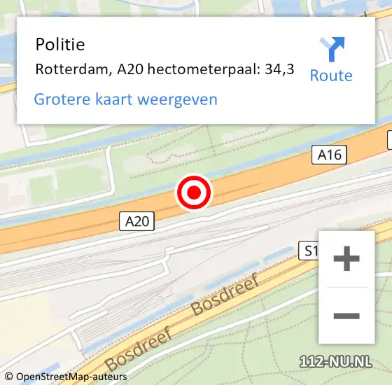 Locatie op kaart van de 112 melding: Politie Rotterdam, A20 hectometerpaal: 34,3 op 24 juni 2022 12:16