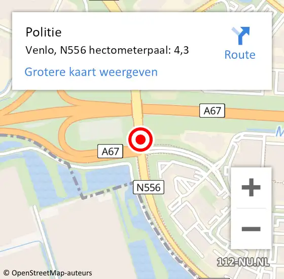 Locatie op kaart van de 112 melding: Politie Venlo, N556 hectometerpaal: 4,3 op 24 juni 2022 13:37