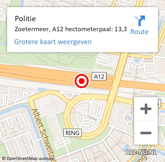 Locatie op kaart van de 112 melding: Politie Zoetermeer, A12 hectometerpaal: 13,3 op 24 juni 2022 14:07