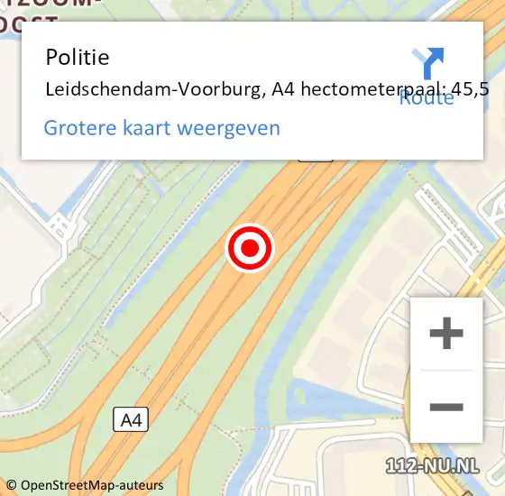 Locatie op kaart van de 112 melding: Politie Leidschendam-Voorburg, A4 hectometerpaal: 45,5 op 24 juni 2022 14:23