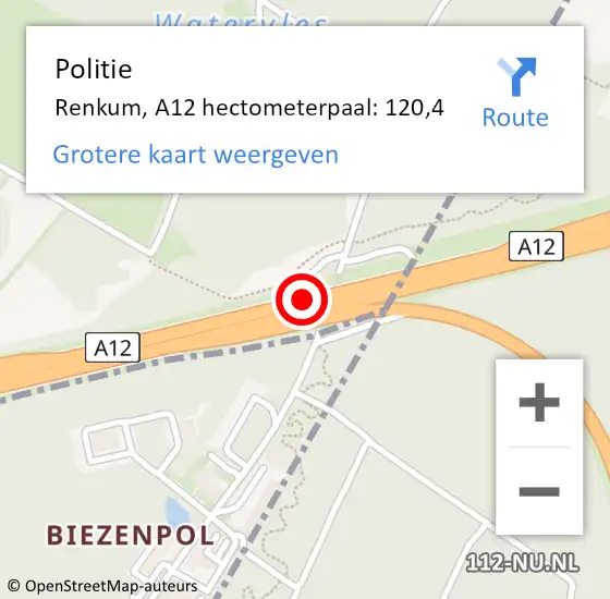 Locatie op kaart van de 112 melding: Politie Renkum, A12 hectometerpaal: 120,4 op 24 juni 2022 16:25