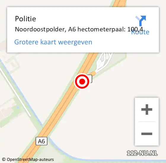 Locatie op kaart van de 112 melding: Politie Noordoostpolder, A6 hectometerpaal: 100,4 op 24 juni 2022 17:11