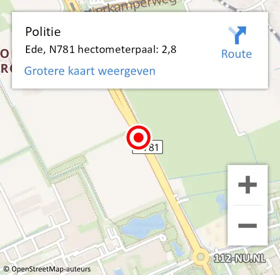 Locatie op kaart van de 112 melding: Politie Ede, N781 hectometerpaal: 2,8 op 24 juni 2022 17:58