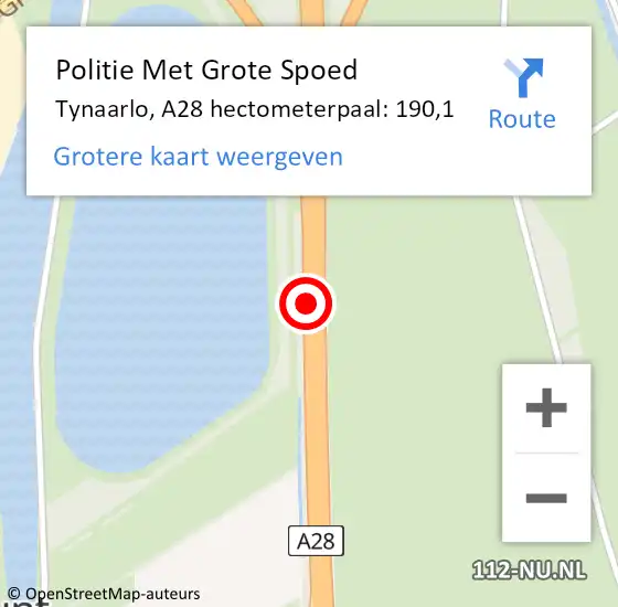 Locatie op kaart van de 112 melding: Politie Met Grote Spoed Naar Tynaarlo, A28 hectometerpaal: 190,1 op 24 juni 2022 18:27