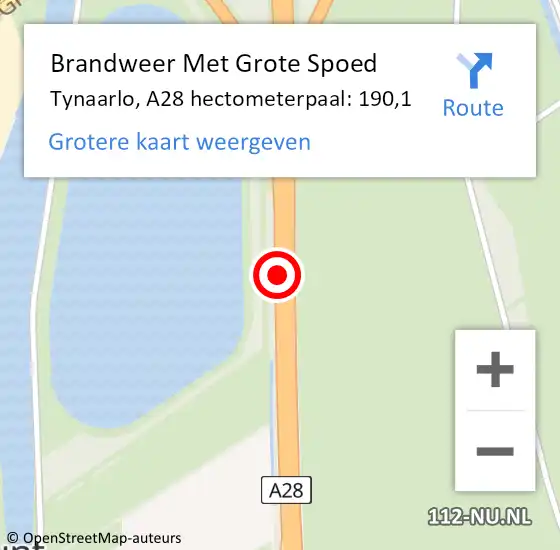 Locatie op kaart van de 112 melding: Brandweer Met Grote Spoed Naar Tynaarlo, A28 hectometerpaal: 190,1 op 24 juni 2022 18:28