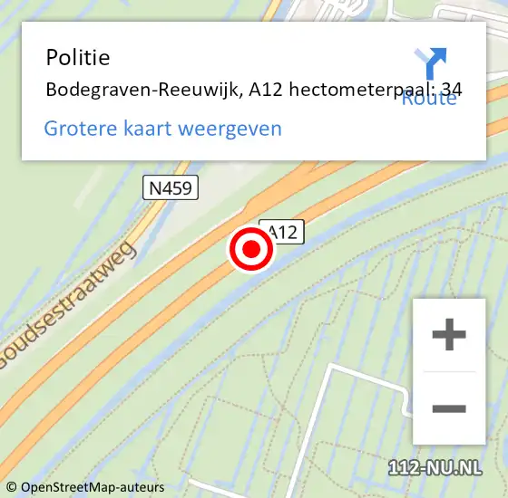 Locatie op kaart van de 112 melding: Politie Bodegraven-Reeuwijk, A12 hectometerpaal: 34 op 24 juni 2022 19:26