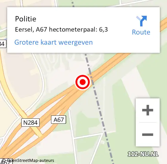 Locatie op kaart van de 112 melding: Politie Eersel, A67 hectometerpaal: 6,3 op 24 juni 2022 19:31