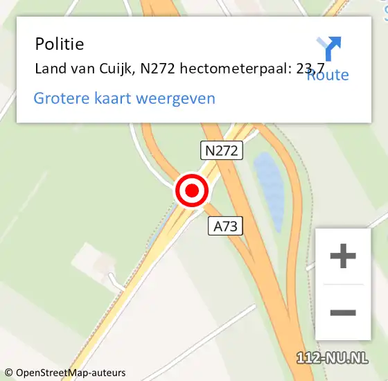 Locatie op kaart van de 112 melding: Politie Land van Cuijk, N272 hectometerpaal: 23,7 op 24 juni 2022 19:36