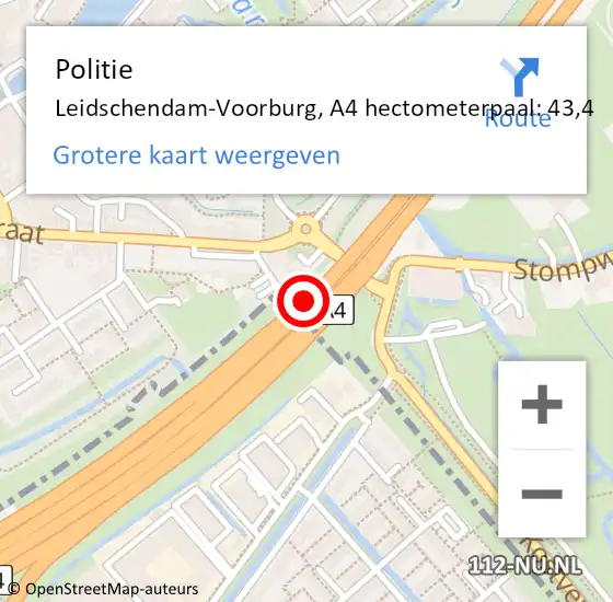 Locatie op kaart van de 112 melding: Politie Leidschendam-Voorburg, A4 hectometerpaal: 43,4 op 24 juni 2022 20:28