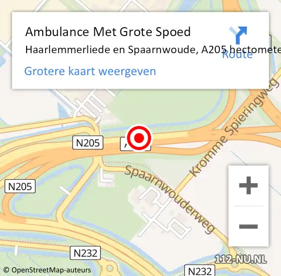 Locatie op kaart van de 112 melding: Ambulance Met Grote Spoed Naar Haarlemmerliede en Spaarnwoude, A205 hectometerpaal: 3,4 op 24 juni 2022 21:27