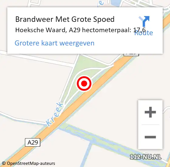 Locatie op kaart van de 112 melding: Brandweer Met Grote Spoed Naar Hoeksche Waard, A29 hectometerpaal: 17,6 op 24 juni 2022 21:36