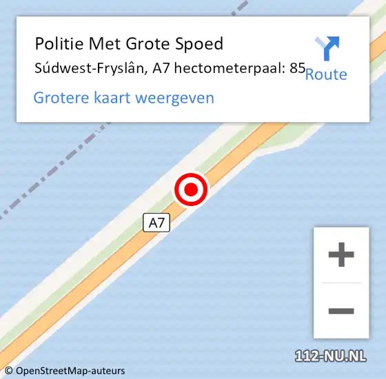 Locatie op kaart van de 112 melding: Politie Met Grote Spoed Naar Súdwest-Fryslân, A7 hectometerpaal: 85 op 25 juni 2022 01:20