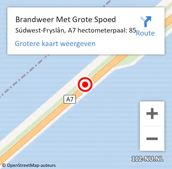 Locatie op kaart van de 112 melding: Brandweer Met Grote Spoed Naar Súdwest-Fryslân, A7 hectometerpaal: 85 op 25 juni 2022 01:23