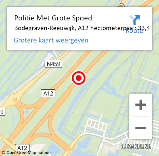 Locatie op kaart van de 112 melding: Politie Met Grote Spoed Naar Bodegraven-Reeuwijk, A12 hectometerpaal: 33,4 op 25 juni 2022 01:55