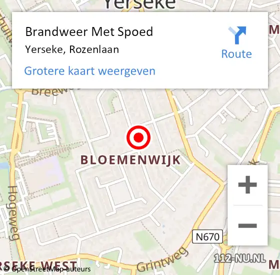 Locatie op kaart van de 112 melding: Brandweer Met Spoed Naar Yerseke, Rozenlaan op 25 juni 2022 05:05