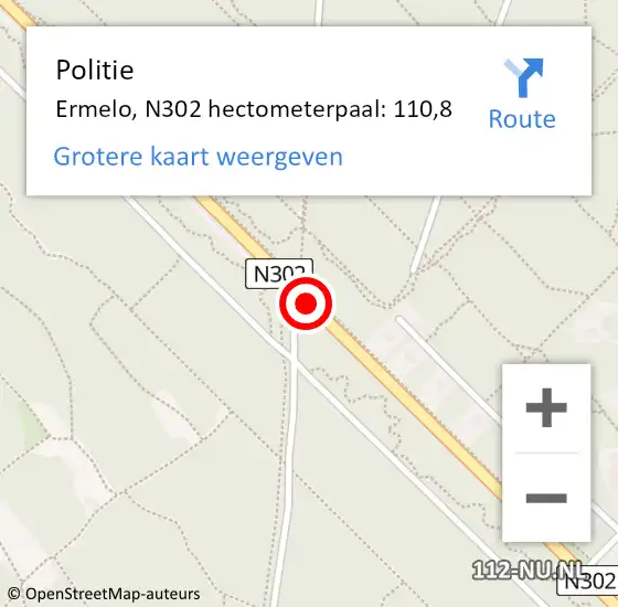 Locatie op kaart van de 112 melding: Politie Ermelo, N302 hectometerpaal: 110,8 op 25 juni 2022 09:07