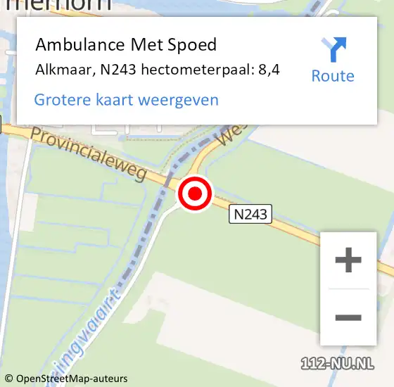 Locatie op kaart van de 112 melding: Ambulance Met Spoed Naar Alkmaar, N243 hectometerpaal: 8,4 op 25 juni 2022 09:57