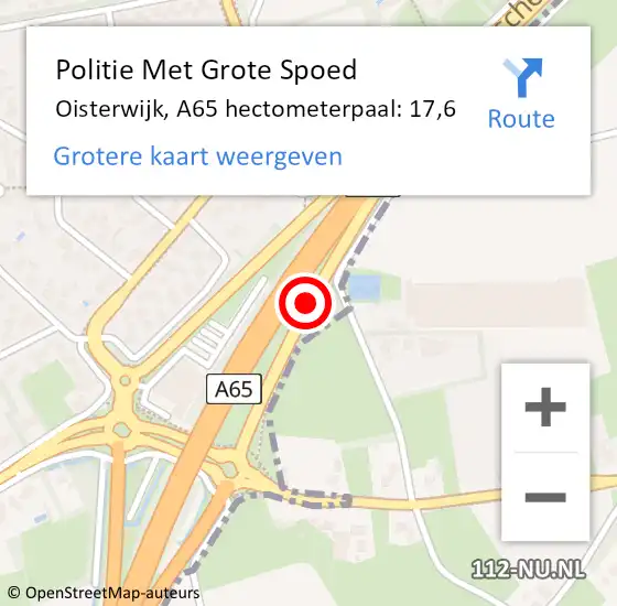 Locatie op kaart van de 112 melding: Politie Met Grote Spoed Naar Oisterwijk, A65 hectometerpaal: 17,6 op 25 juni 2022 10:38