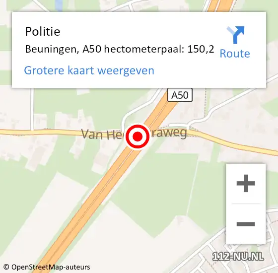 Locatie op kaart van de 112 melding: Politie Beuningen, A50 hectometerpaal: 150,2 op 25 juni 2022 12:58