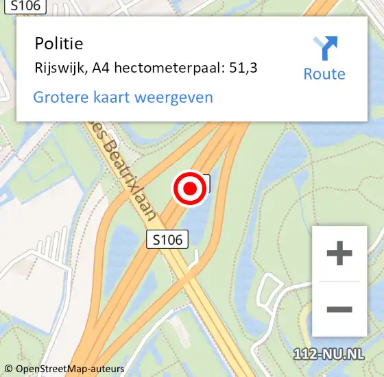 Locatie op kaart van de 112 melding: Politie Rijswijk, A4 hectometerpaal: 51,3 op 25 juni 2022 13:25