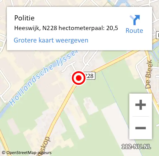 Locatie op kaart van de 112 melding: Politie Heeswijk, N228 hectometerpaal: 20,5 op 21 juli 2014 11:25