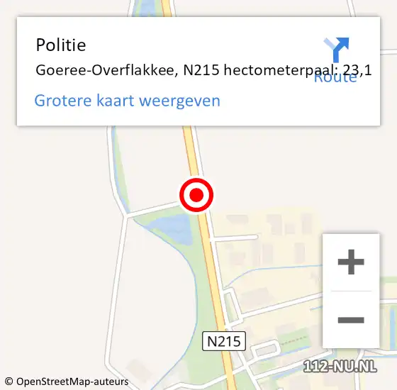 Locatie op kaart van de 112 melding: Politie Goeree-Overflakkee, N215 hectometerpaal: 23,1 op 25 juni 2022 14:07