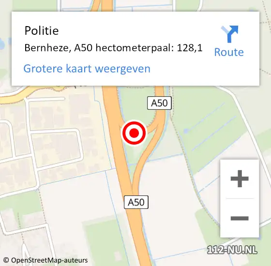 Locatie op kaart van de 112 melding: Politie Bernheze, A50 hectometerpaal: 128,1 op 25 juni 2022 15:05