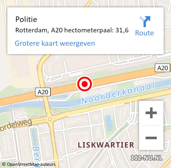 Locatie op kaart van de 112 melding: Politie Rotterdam, A20 hectometerpaal: 31,6 op 25 juni 2022 15:59