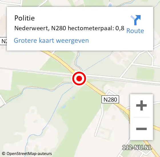 Locatie op kaart van de 112 melding: Politie Nederweert, N280 hectometerpaal: 0,8 op 25 juni 2022 19:10