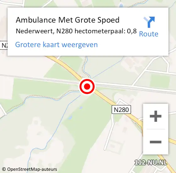 Locatie op kaart van de 112 melding: Ambulance Met Grote Spoed Naar Nederweert, N280 hectometerpaal: 0,8 op 25 juni 2022 19:13