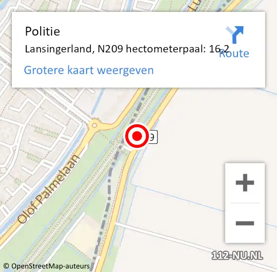 Locatie op kaart van de 112 melding: Politie Lansingerland, N209 hectometerpaal: 16,2 op 25 juni 2022 23:51