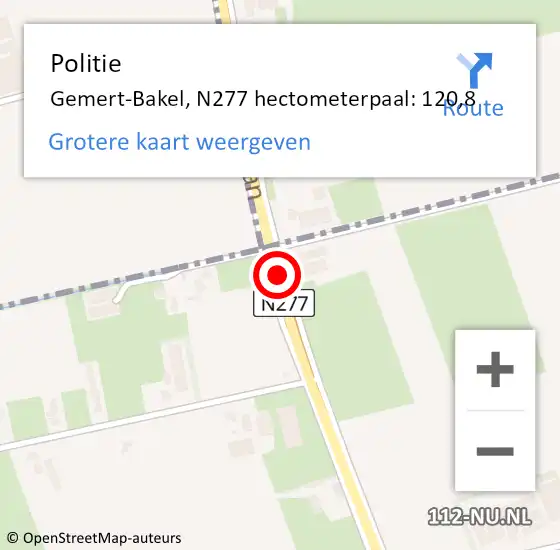 Locatie op kaart van de 112 melding: Politie Gemert-Bakel, N277 hectometerpaal: 120,8 op 26 juni 2022 01:35