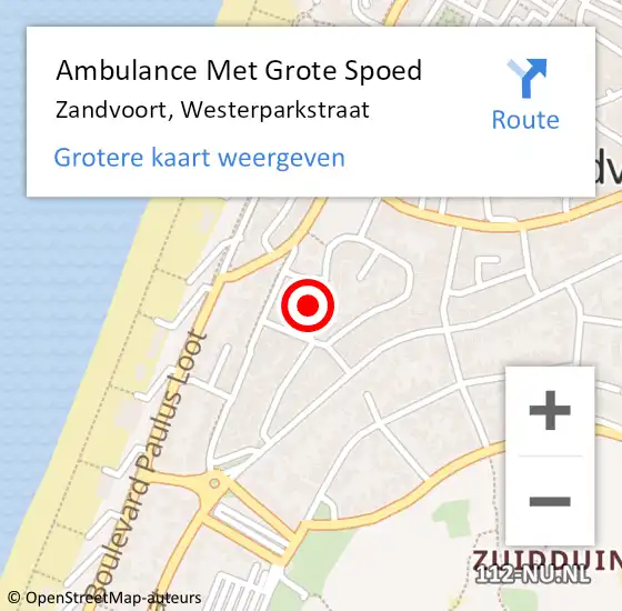 Locatie op kaart van de 112 melding: Ambulance Met Grote Spoed Naar Zandvoort, Westerparkstraat op 26 juni 2022 02:18