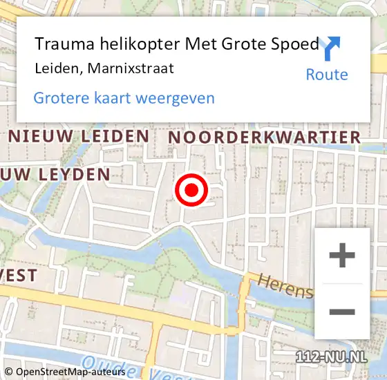 Locatie op kaart van de 112 melding: Trauma helikopter Met Grote Spoed Naar Leiden, Marnixstraat op 26 juni 2022 03:35