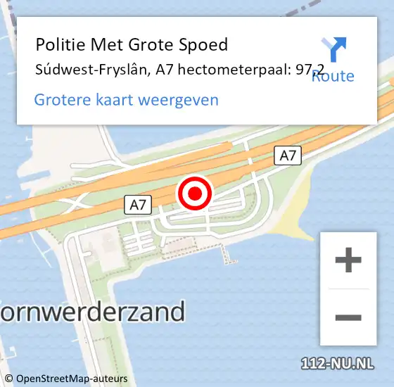 Locatie op kaart van de 112 melding: Politie Met Grote Spoed Naar Súdwest-Fryslân, A7 hectometerpaal: 97,2 op 26 juni 2022 04:26