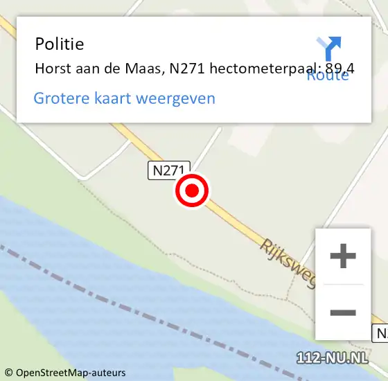 Locatie op kaart van de 112 melding: Politie Horst aan de Maas, N271 hectometerpaal: 89,4 op 26 juni 2022 05:57