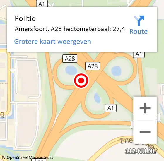 Locatie op kaart van de 112 melding: Politie Amersfoort, A28 hectometerpaal: 27,4 op 26 juni 2022 07:14