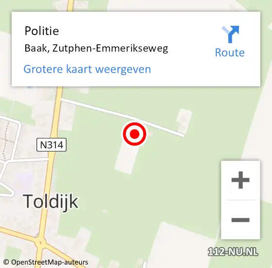 Locatie op kaart van de 112 melding: Politie Baak, Zutphen-Emmerikseweg op 26 juni 2022 07:35