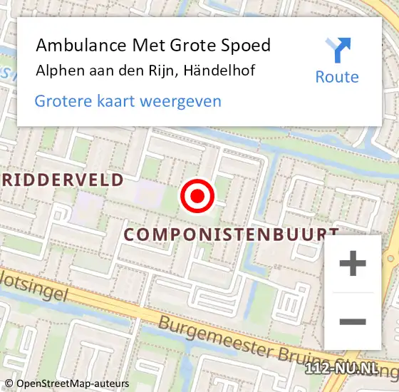 Locatie op kaart van de 112 melding: Ambulance Met Grote Spoed Naar Alphen aan den Rijn, Händelhof op 26 juni 2022 09:48