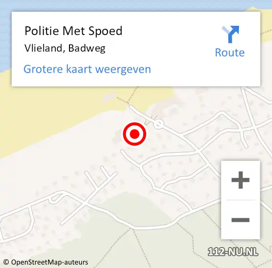 Locatie op kaart van de 112 melding: Politie Met Spoed Naar Vlieland, Badweg op 26 juni 2022 10:37