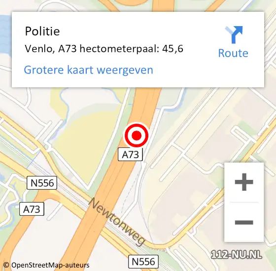 Locatie op kaart van de 112 melding: Politie Venlo, A73 hectometerpaal: 45,6 op 26 juni 2022 12:40