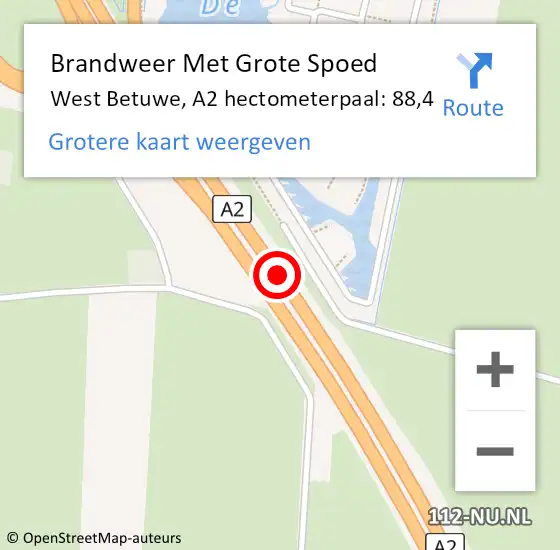 Locatie op kaart van de 112 melding: Brandweer Met Grote Spoed Naar West Betuwe, A2 hectometerpaal: 88,4 op 26 juni 2022 13:35