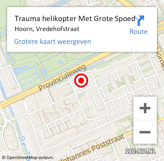 Locatie op kaart van de 112 melding: Trauma helikopter Met Grote Spoed Naar Hoorn, Vredehofstraat op 26 juni 2022 14:36