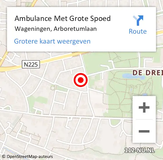 Locatie op kaart van de 112 melding: Ambulance Met Grote Spoed Naar Wageningen, Arboretumlaan op 26 juni 2022 16:37