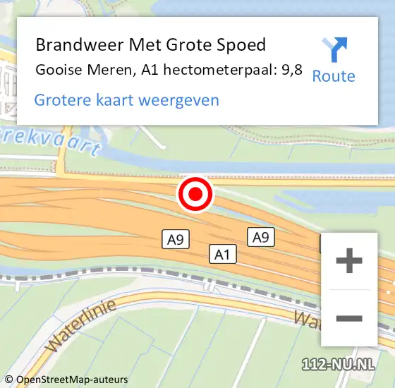 Locatie op kaart van de 112 melding: Brandweer Met Grote Spoed Naar Gooise Meren, A1 hectometerpaal: 9,8 op 26 juni 2022 17:16