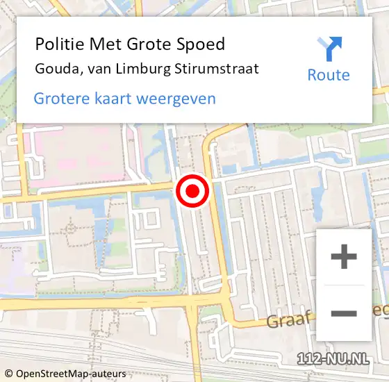 Locatie op kaart van de 112 melding: Politie Met Grote Spoed Naar Gouda, van Limburg Stirumstraat op 26 juni 2022 18:03