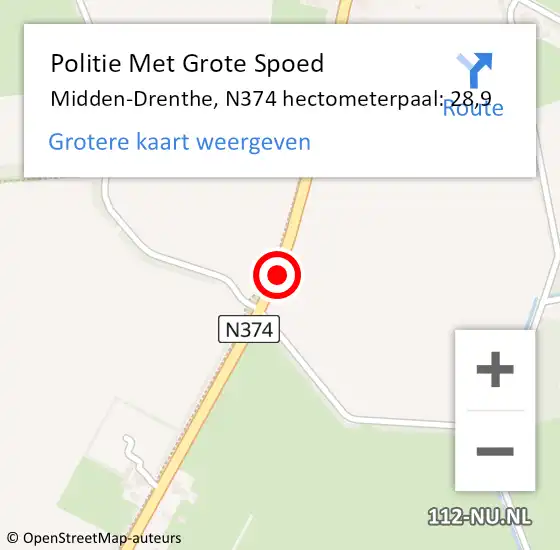 Locatie op kaart van de 112 melding: Politie Met Grote Spoed Naar Midden-Drenthe, N374 hectometerpaal: 28,9 op 26 juni 2022 19:05